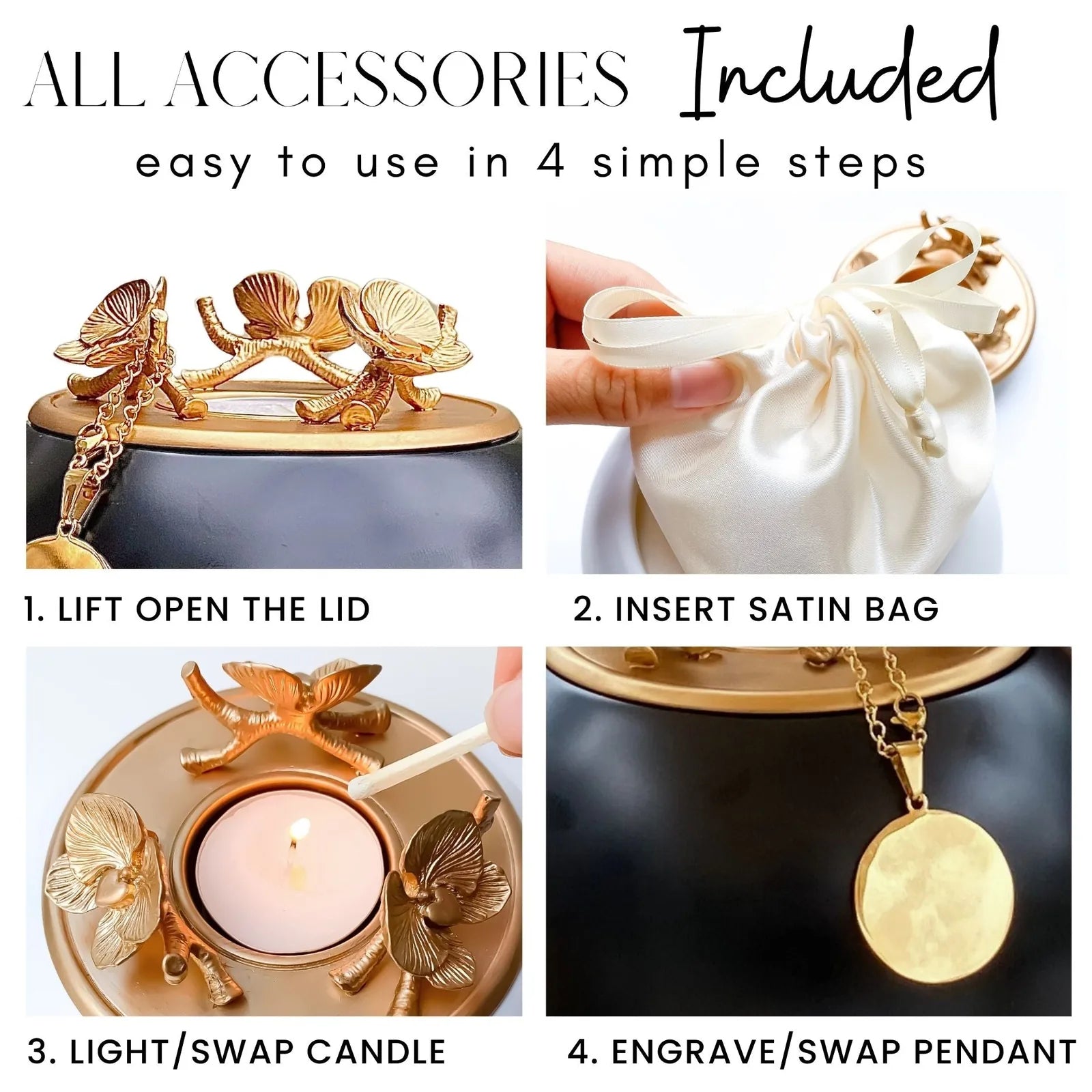 Handcrafted orchid urn featuring a black body and gold accents; includes instructions for assembly and candle lighting.