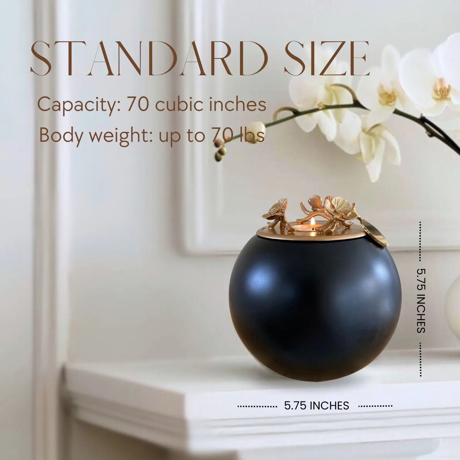 Handmade black orchid urn with a gold floral lid detail, measuring 5.75 inches, perfect for pet memorials.