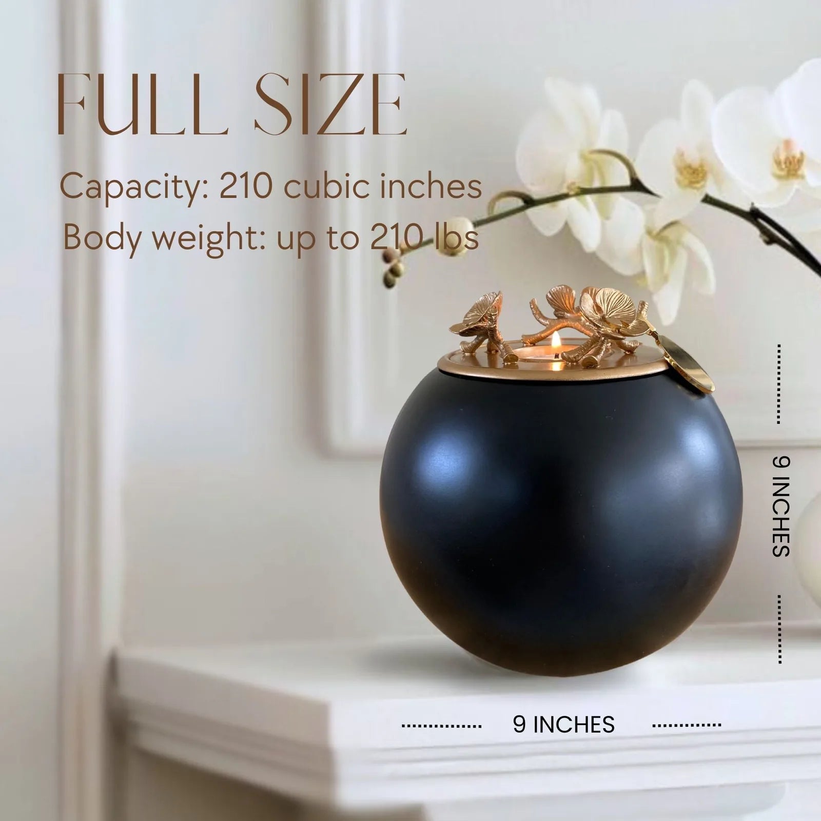 Elegant black orchid urn with a gold floral lid, measuring 9 inches high, designed for pet ashes up to 210 cubic inches.