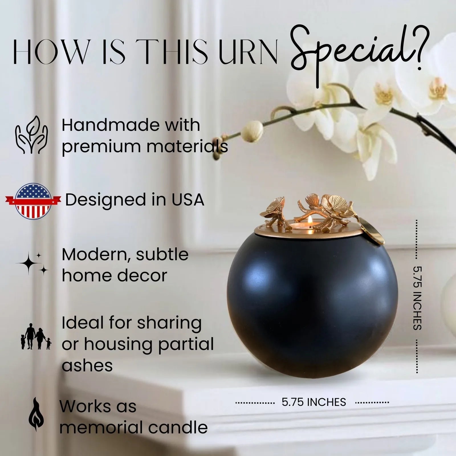 Handmade Orchid Urn for pet ashes, featuring a sleek black finish with a gold floral lid, measuring 5.75 inches.