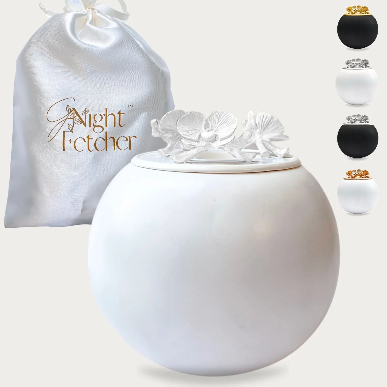 White handmade Orchid Urn with a floral lid design, accompanied by a GNight Fetcher silk bag.