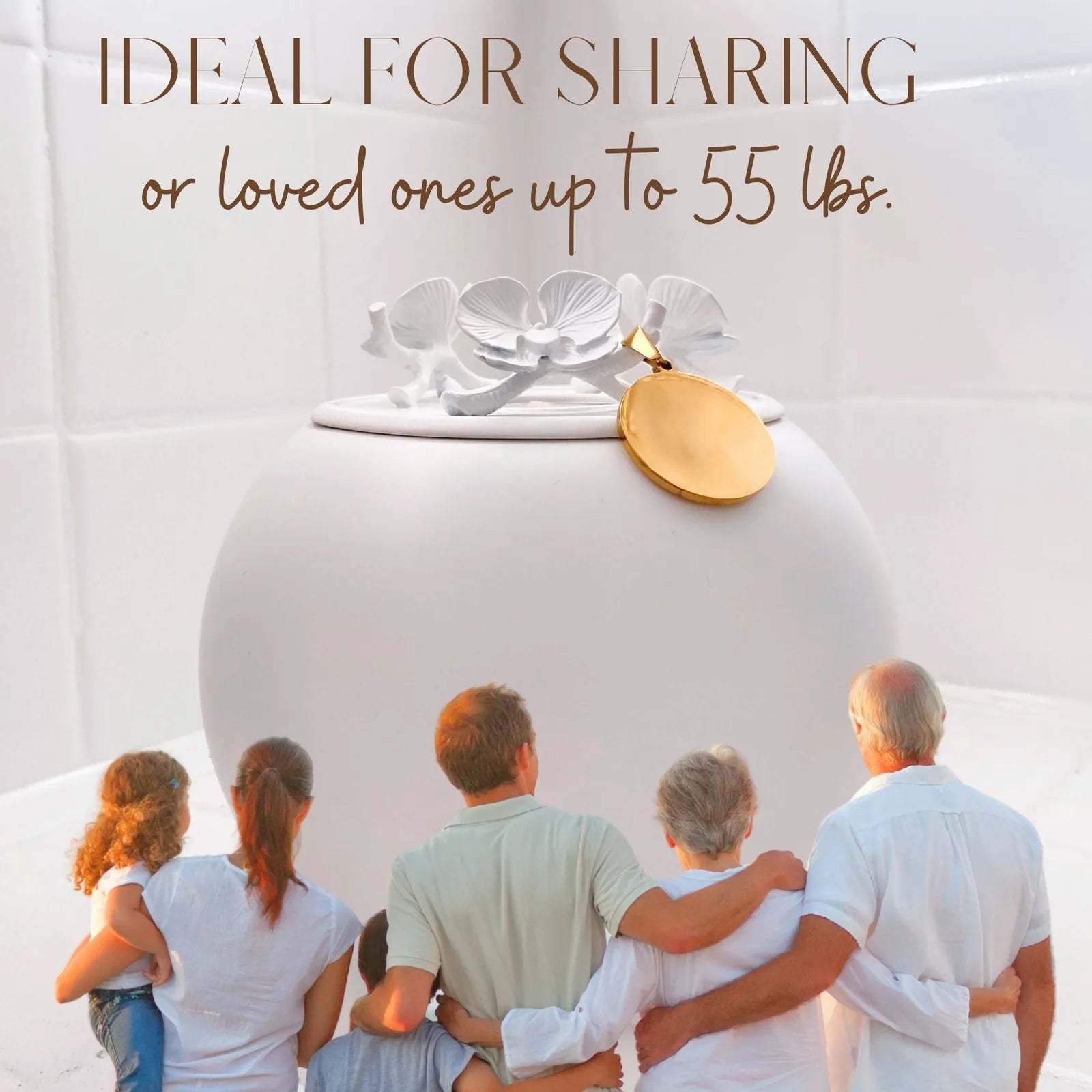 White ceramic keepsake urn with floral lid, featuring a gold pendant, viewed from behind a family embracing.