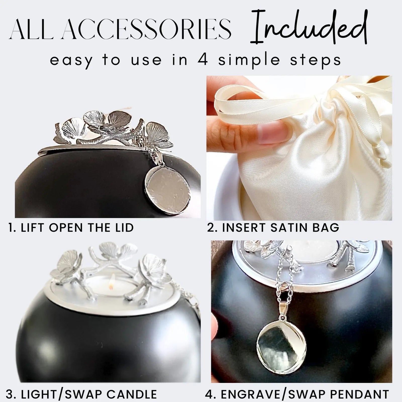 Handmade black orchid urn with silver accents, featuring a lid and a satin bag for pet ashes, highlighting easy-access des...