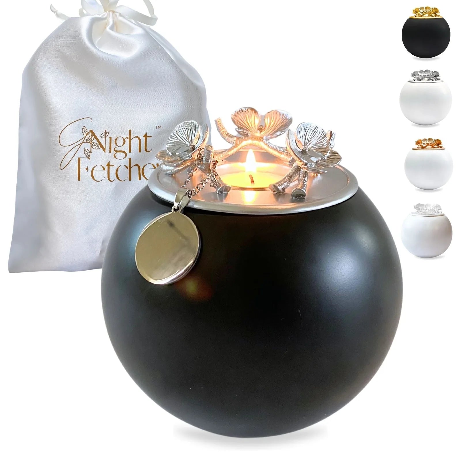 Handmade black Orchid Urn with silver floral lid, accompanied by a satin pouch, suitable for pet memorials.