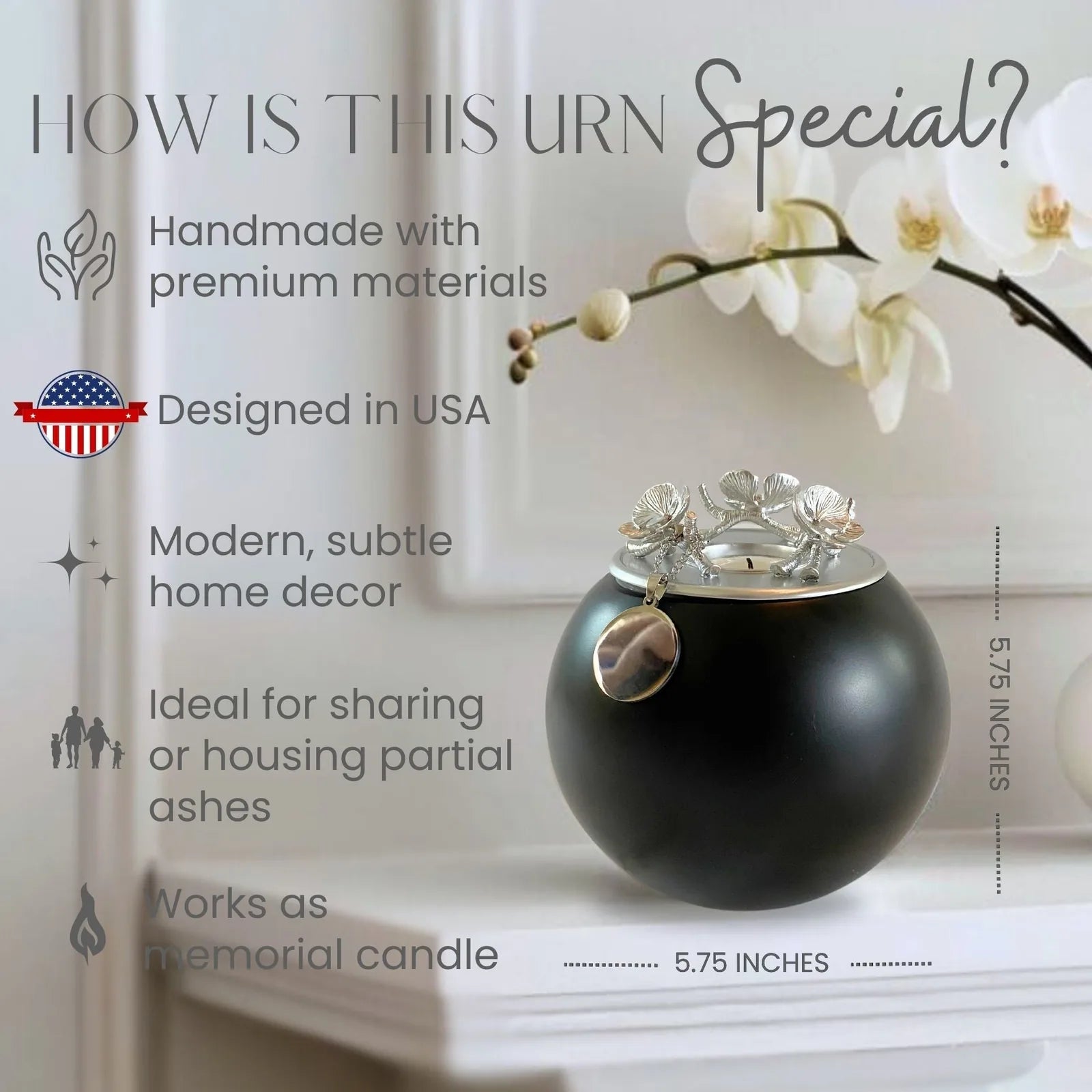 Handmade black ceramic orchid urn featuring silver floral accents, designed as a subtle pet memorial.