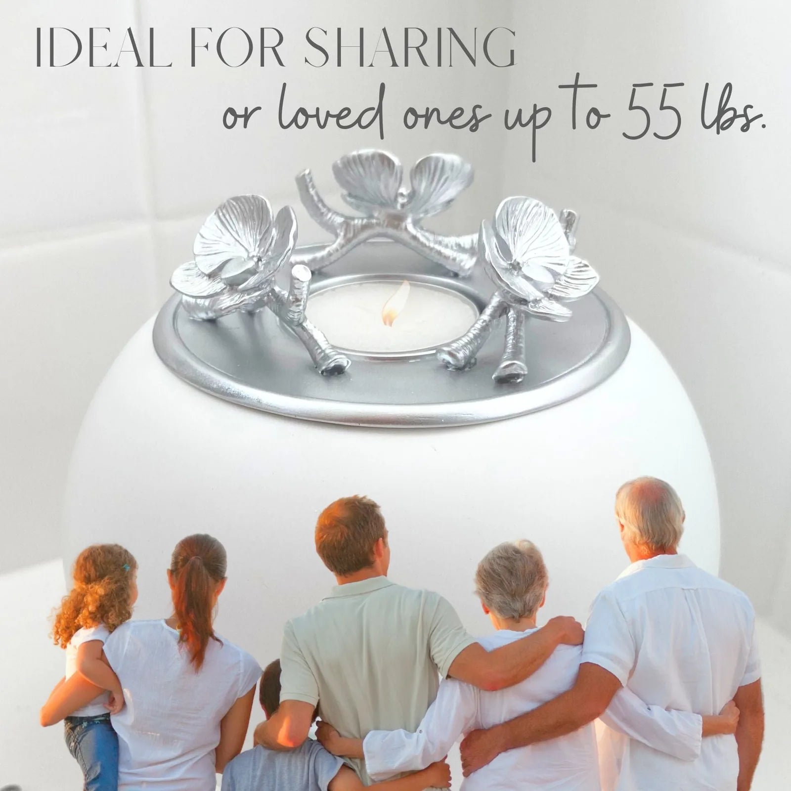 Handcrafted white Orchid Urn with silver floral design, ideal for sharing ashes of loved ones up to 55 lbs.