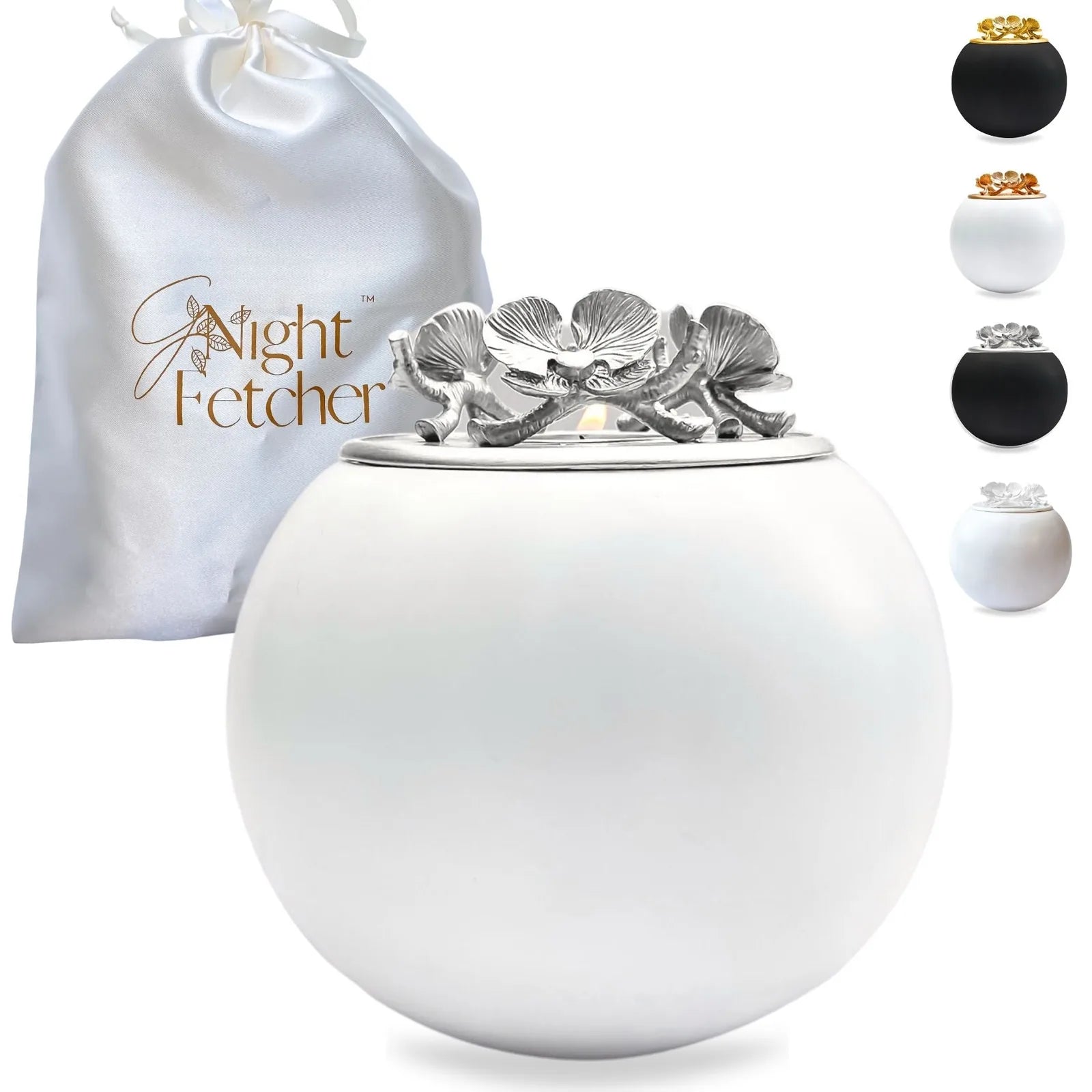 Orchid keepsake urn in white, featuring a silver floral lid, displayed with a satin pouch by GNight Fetcher.