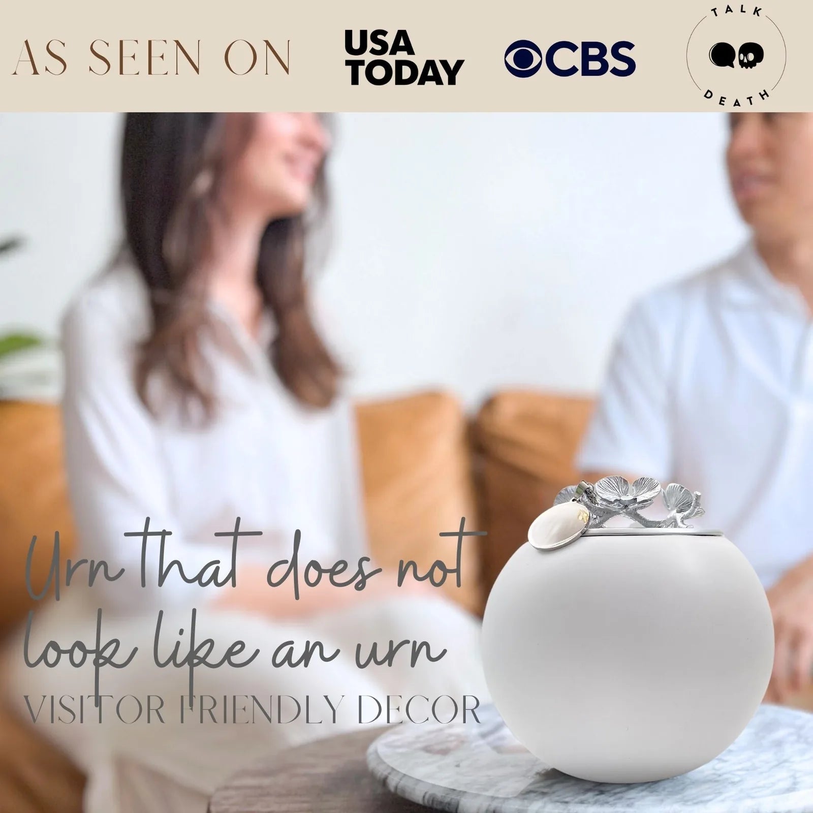 Handcrafted white keepsake urn with decorative silver floral lid, designed for memorial display at home.