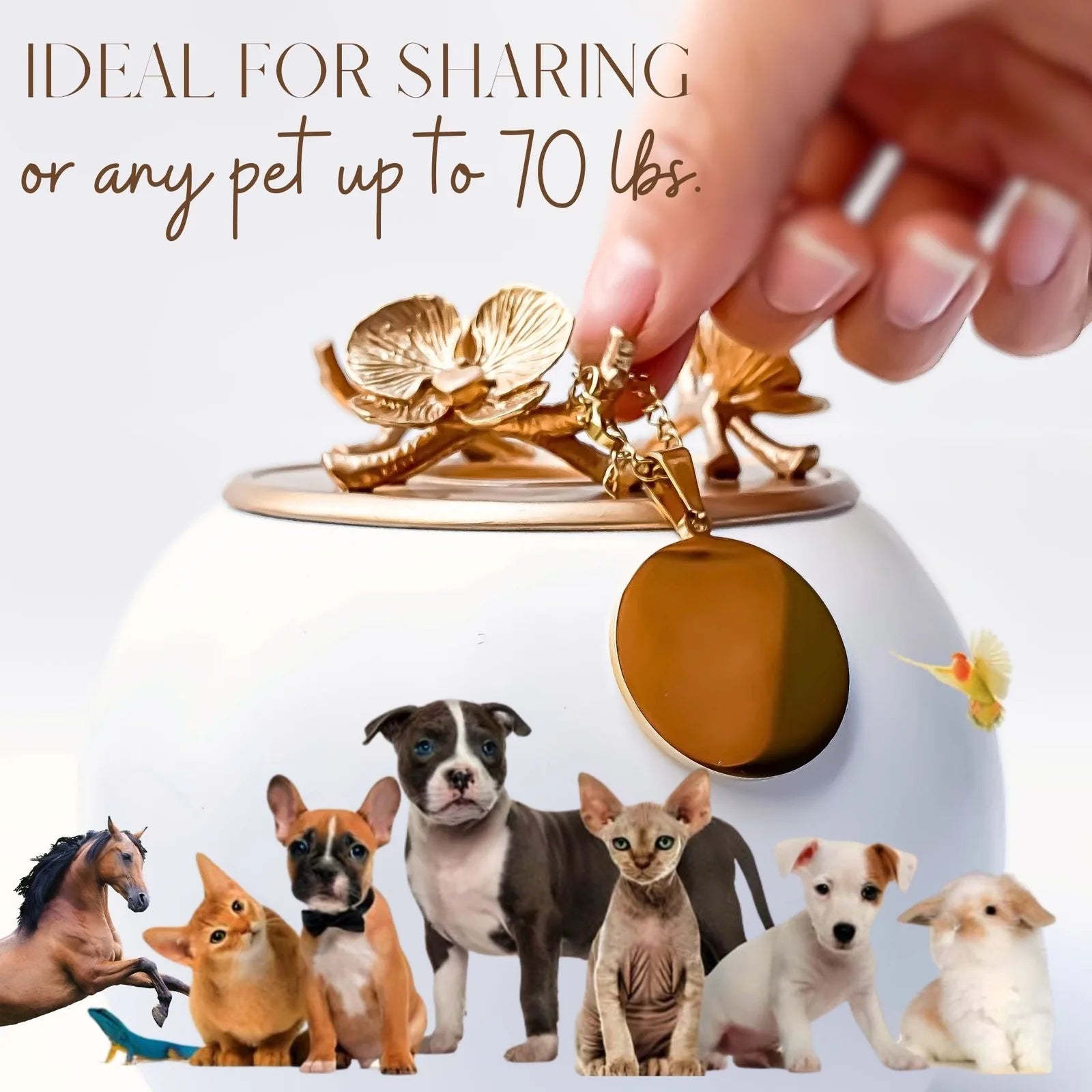 Handcrafted white urn with gold orchid details, showcasing a pet memorial charm and an array of diverse pets below.