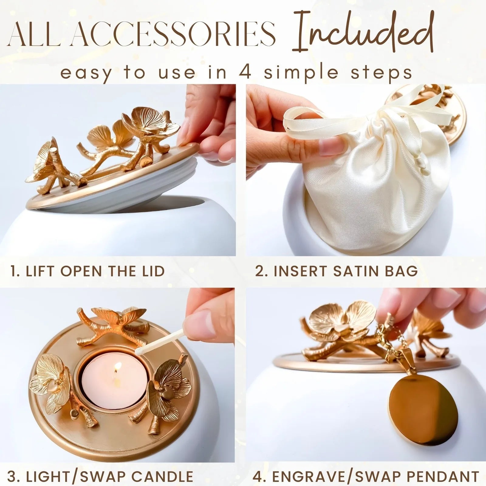 Handcrafted Orchid Urn with a golden floral lid, showcasing steps to use included accessories for pet memorials.