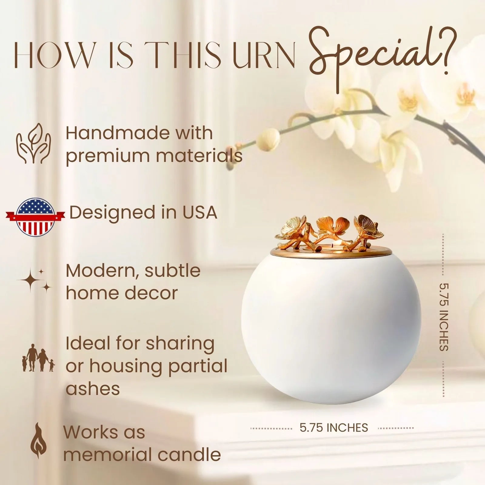 Handmade white ceramic orchid urn with golden flowers, measuring 5.75 inches, ideal for pet memorials and home decor.