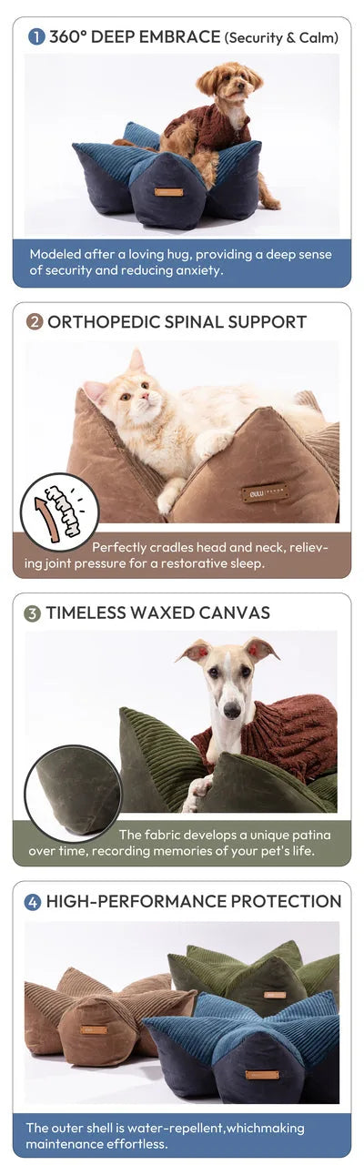 Navy blue and olive green round pet pillow bed with raised edges, featuring soft corduroy lining for comfort.