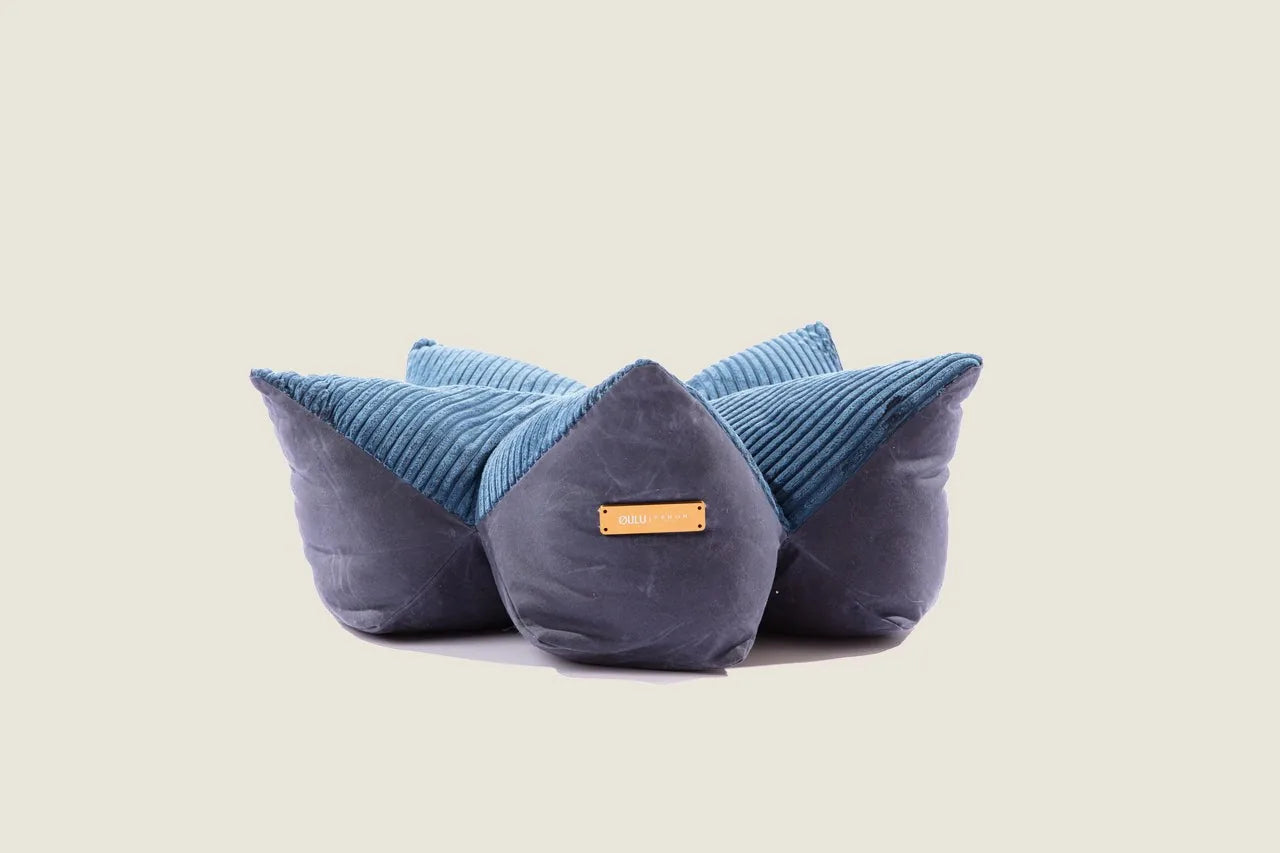 Navy blue pet pillow bed with a starfish shape, featuring a soft corduroy top and a premium wet-waxed finish.