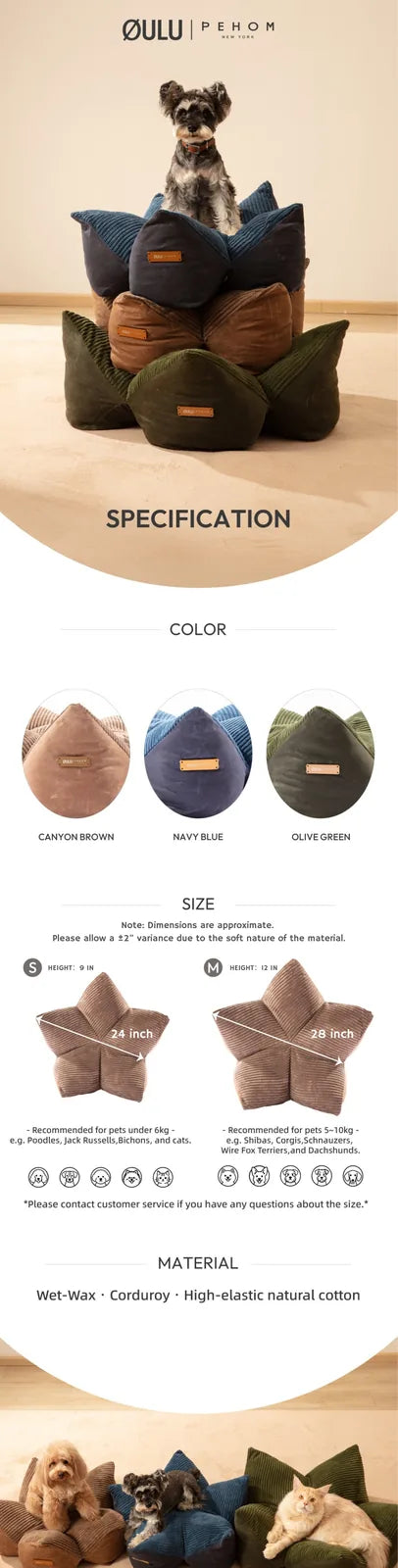 Small dog standing on a stack of OULU PEHOM pet pillows in navy blue, olive green, and canyon brown, showcasing their cozy...