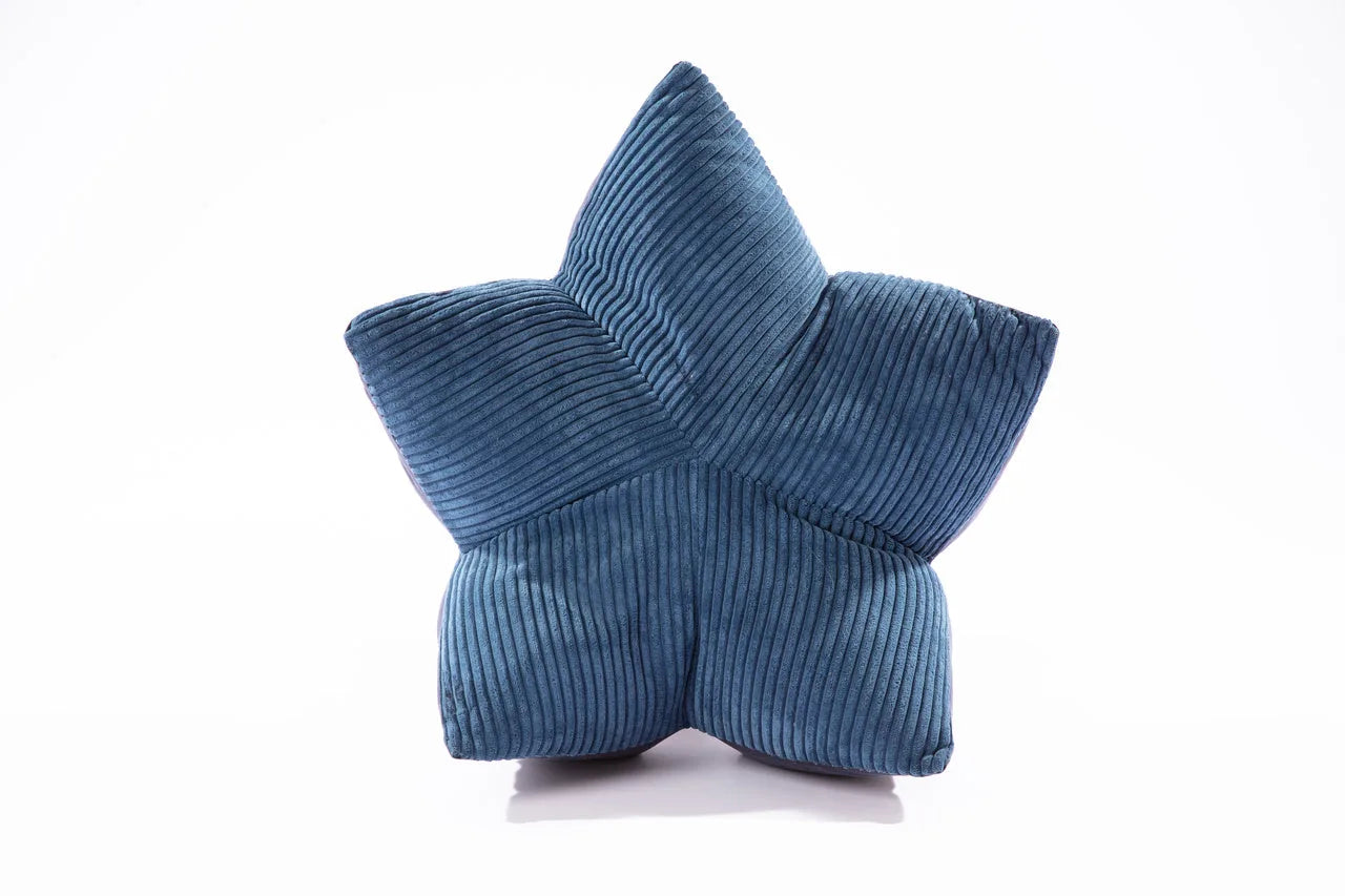 Navy blue pet pillow bed in a starfish shape, featuring soft corduroy fabric and raised edges for support.