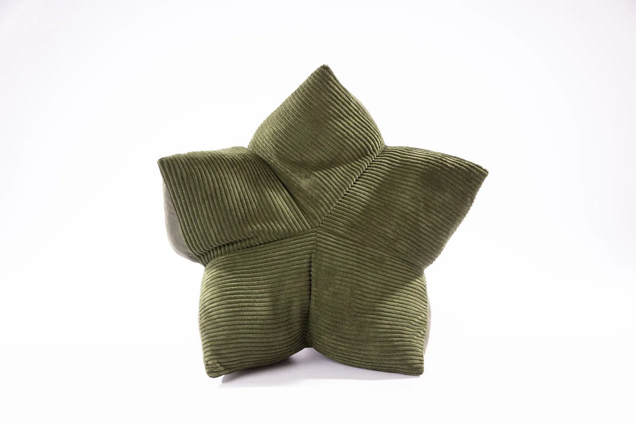 Olive green starfish-shaped pet pillow bed with soft ribbed texture, designed for ultimate comfort and support.