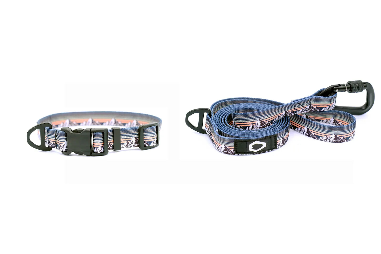 Nylon dog collar and leash set featuring mountain sunset design with sturdy buckles and carabiner for secure attachment.