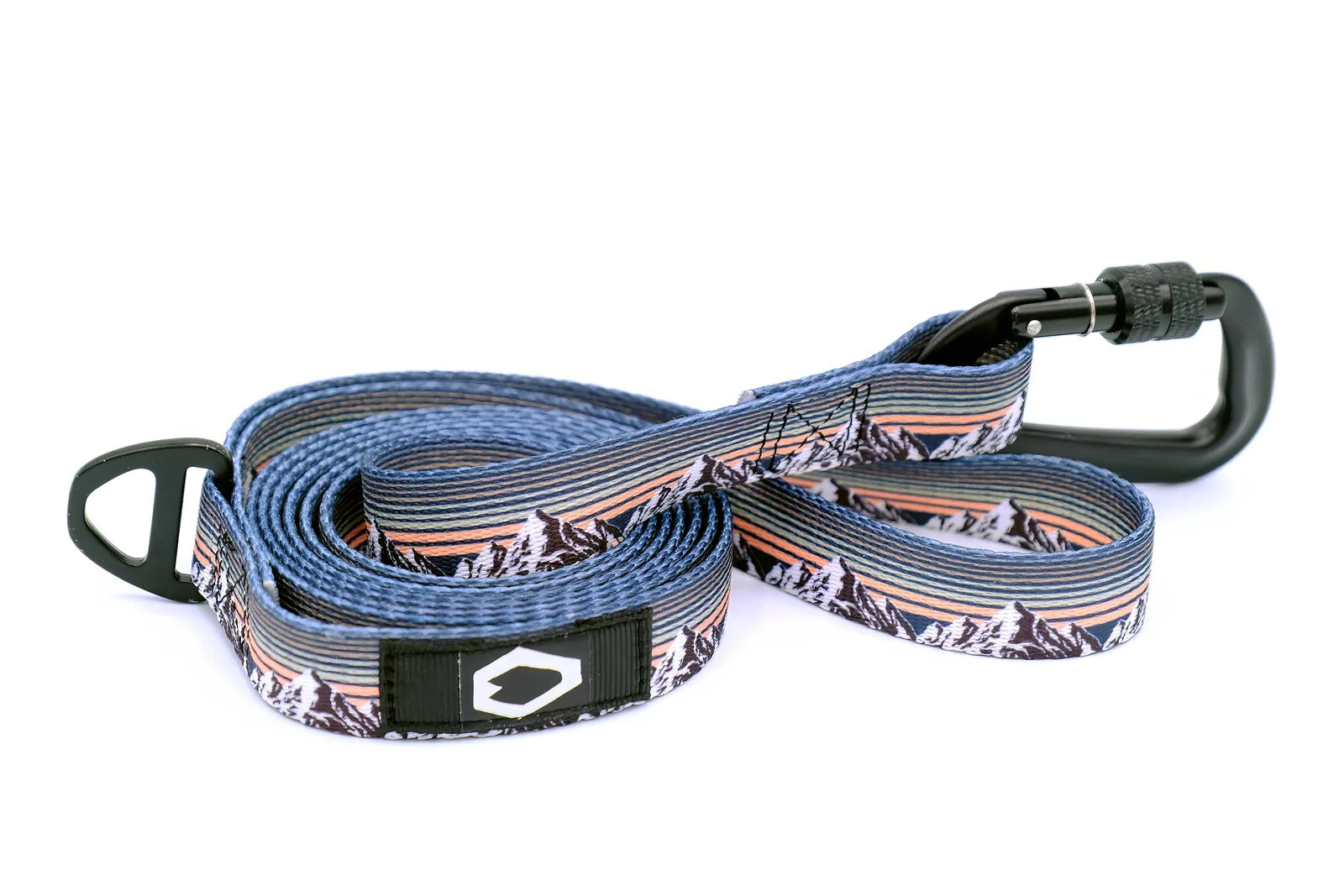 Outdoor-style dog leash featuring a mountain sunset pattern, made from durable nylon with a black aluminum carabiner.