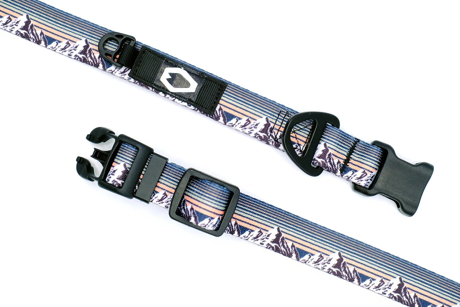 Vibrant mountain sunset nylon dog collar featuring a strong YKK buckle and adjustable design for outdoor adventures.