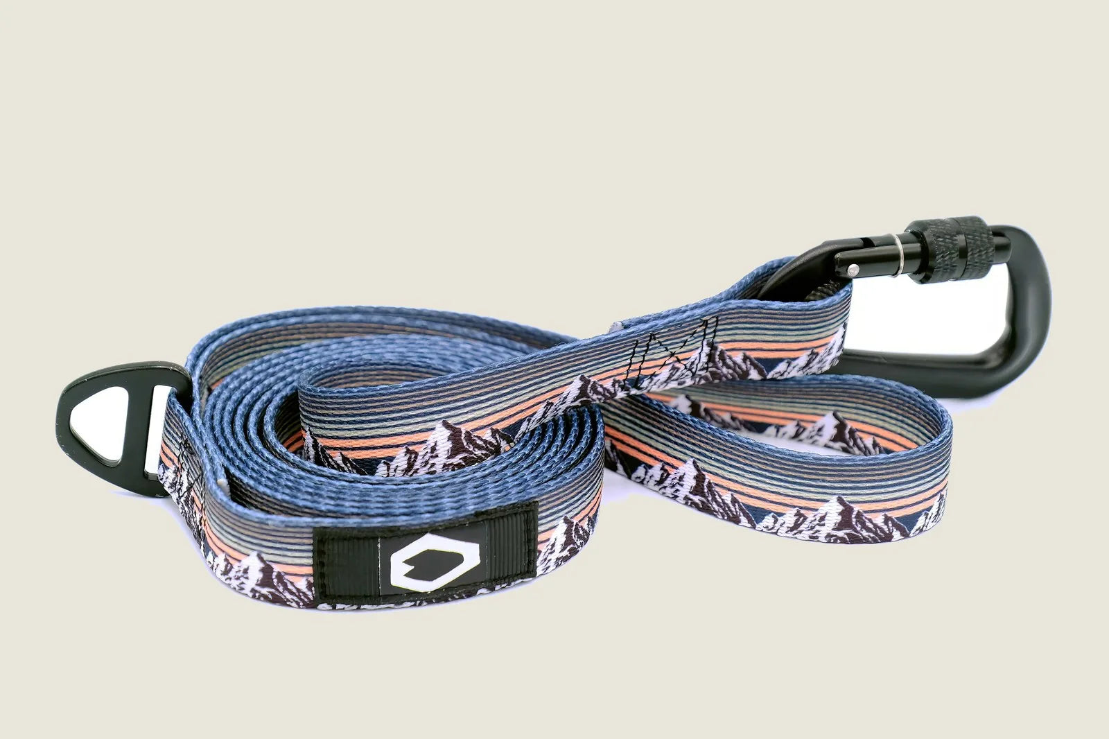 Nylon dog leash featuring a mountain sunset design, with a black aluminum carabiner for secure attachment.