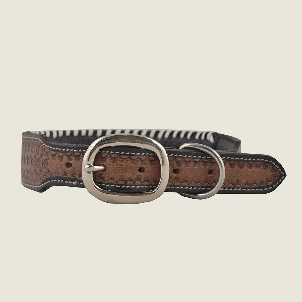 Hand-tooled leather dog collar with floral pattern and silver buckle, designed for durability and style during walks.