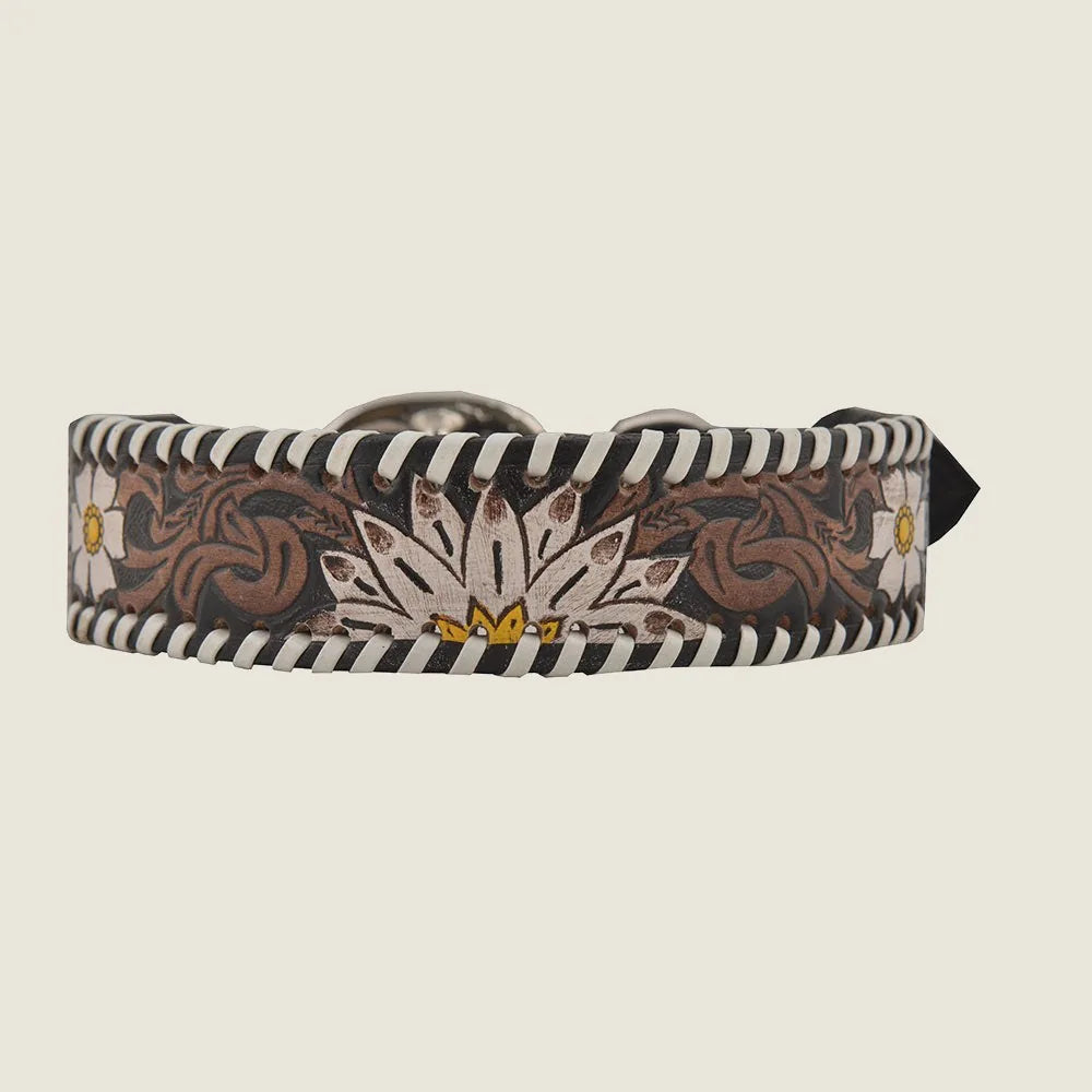 Hand-tooled leather dog collar featuring a floral design in brown and cream with contrasting stitching.