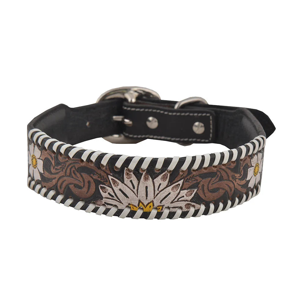 Stylish hand-tooled leather dog collar with a floral pattern and contrasting white stitching.