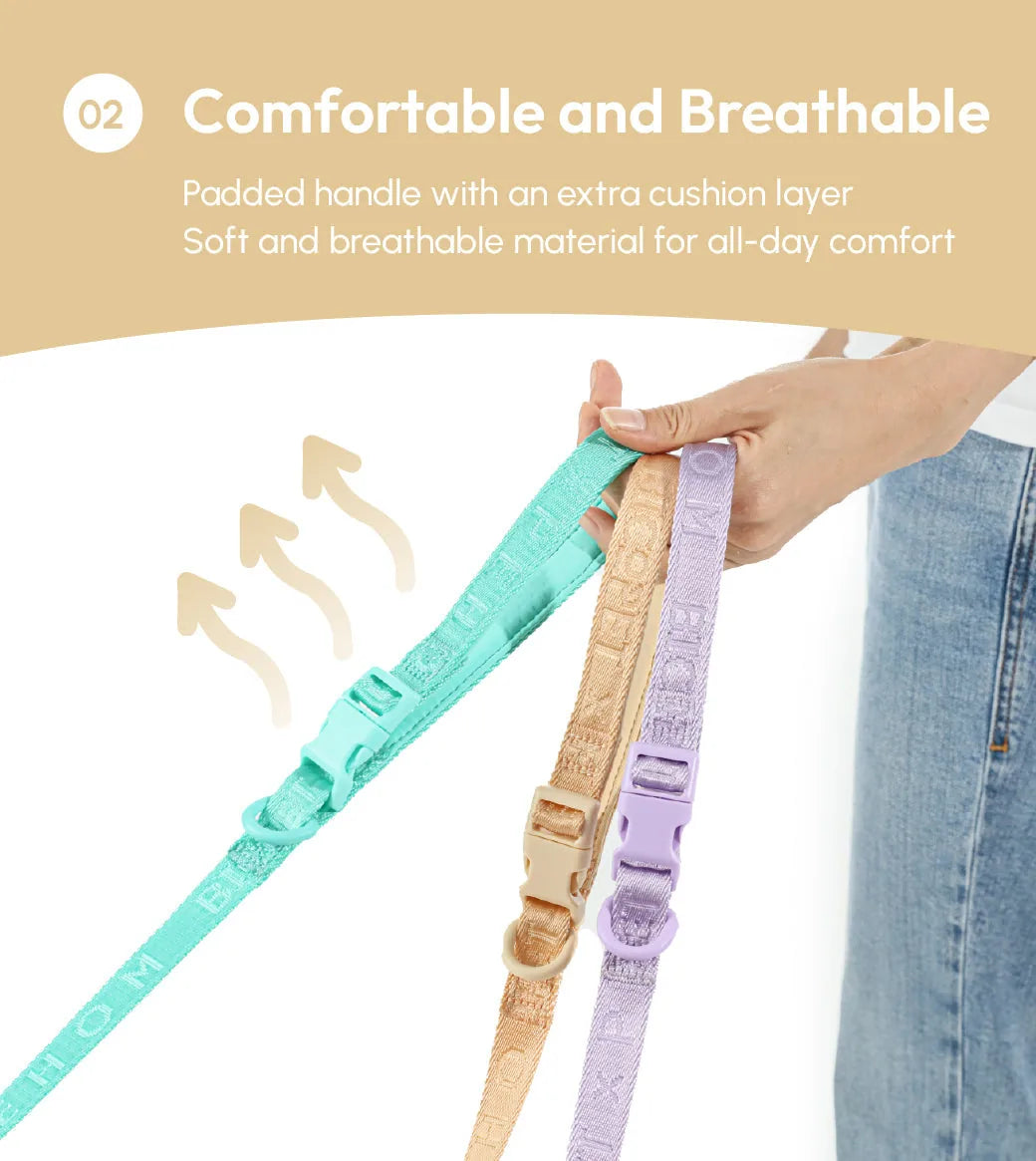 Padded active dog leashes in apricot, mint green, and lavender, showcasing comfort features and sturdy clips.