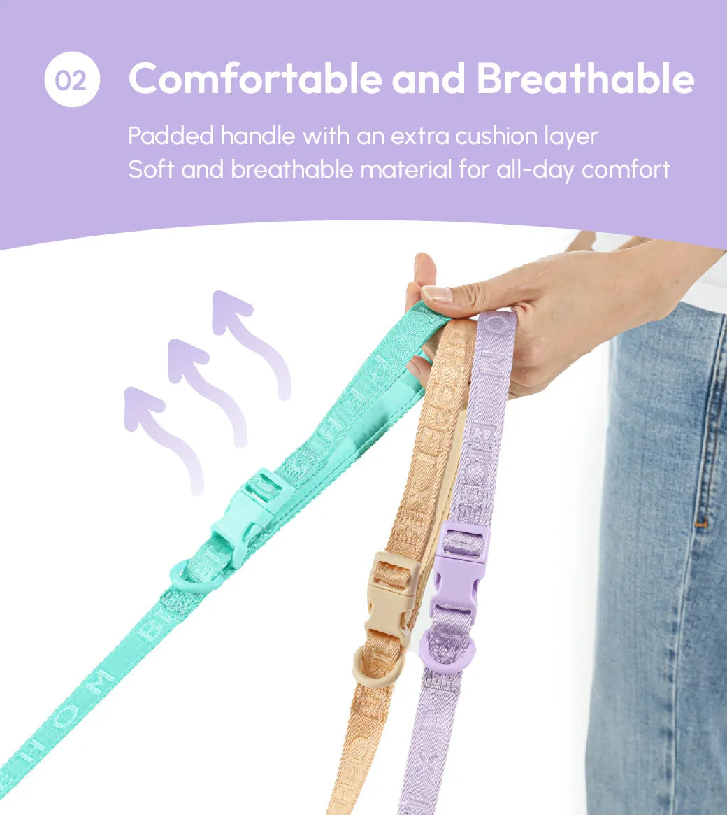 Padded mint purple dog leash with soft, breathable fabric and durable webbing, perfect for comfortable walks.