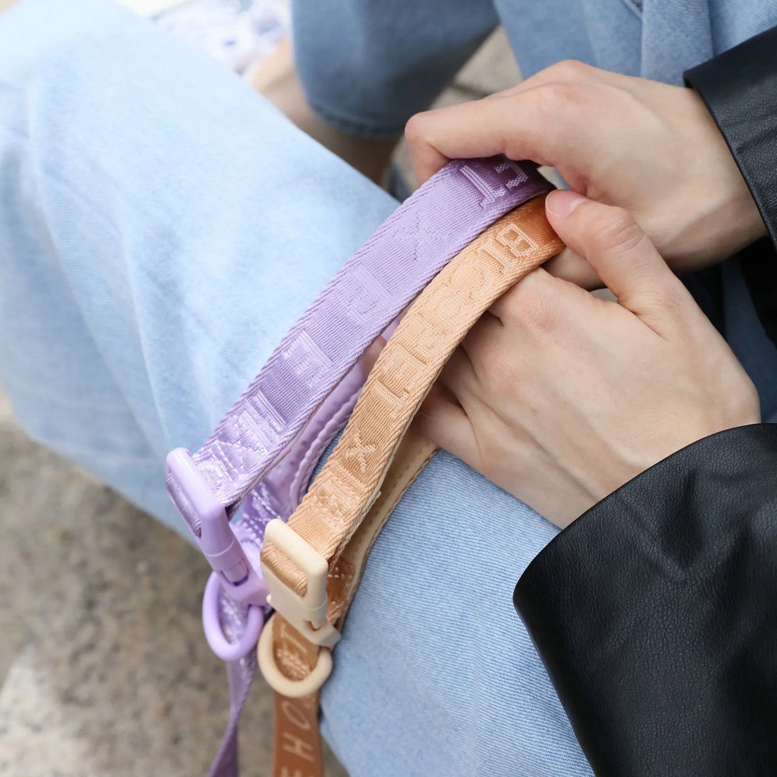 Padded active pet leashes in mint purple and apricot held by a hand, showcasing durable materials and vibrant colors.