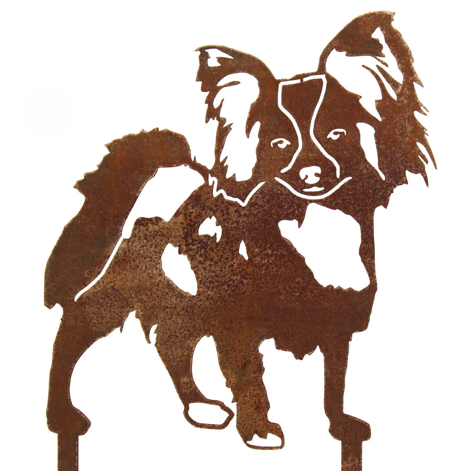 Rusty Papillon dog silhouette made of Corten steel, showcasing intricate details for outdoor garden decor.