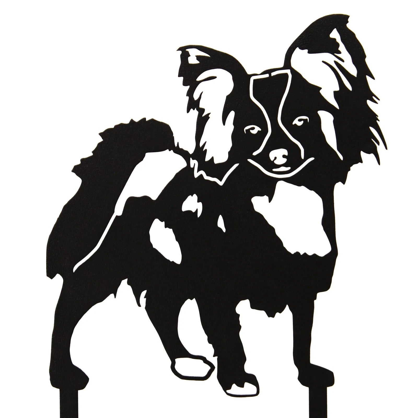 Black metal silhouette of a Papillon dog, showcasing intricate details and a playful stance, perfect for outdoor decor.