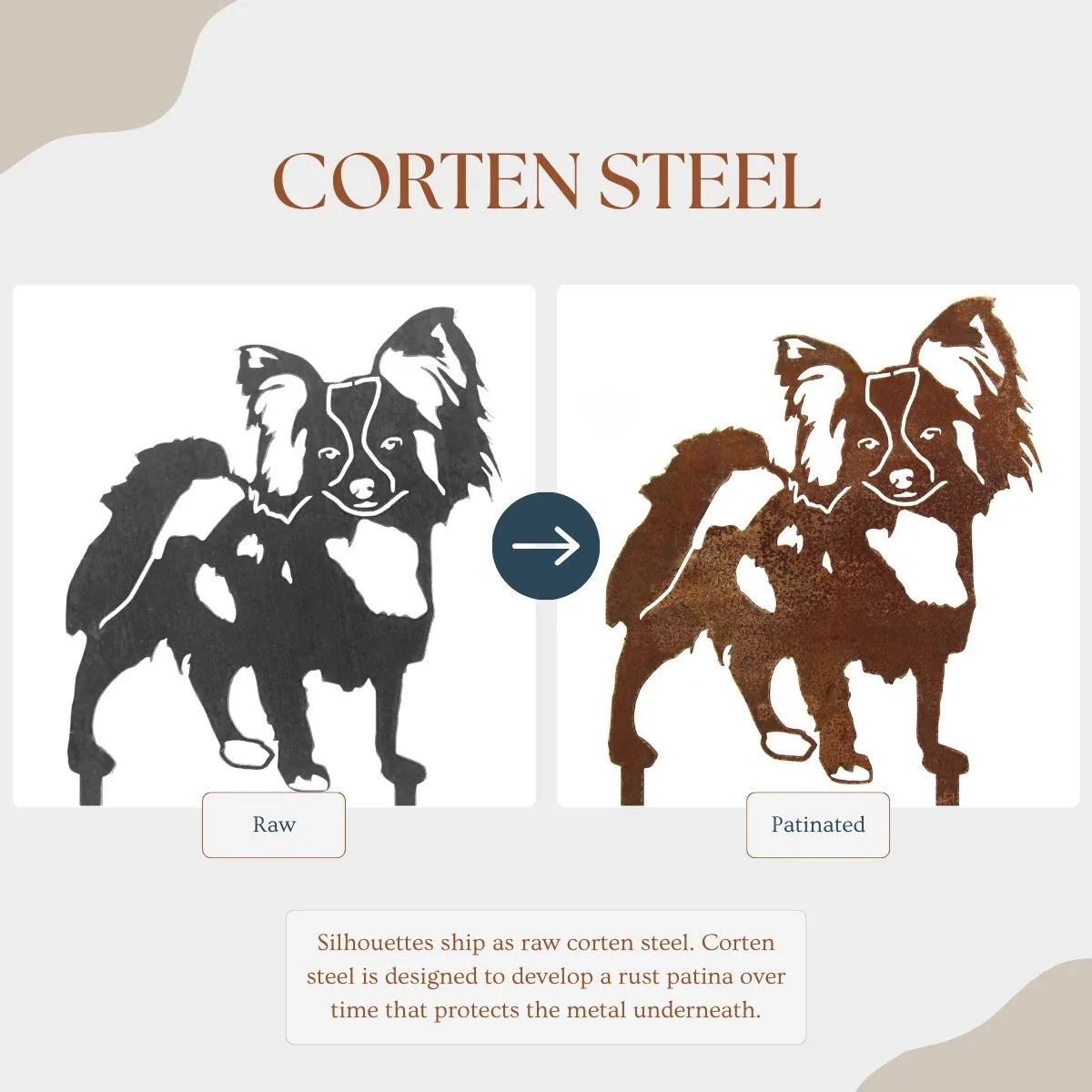 Corten steel Papillon silhouette showing raw on the left and rust patinated on the right, illustrating material transforma...