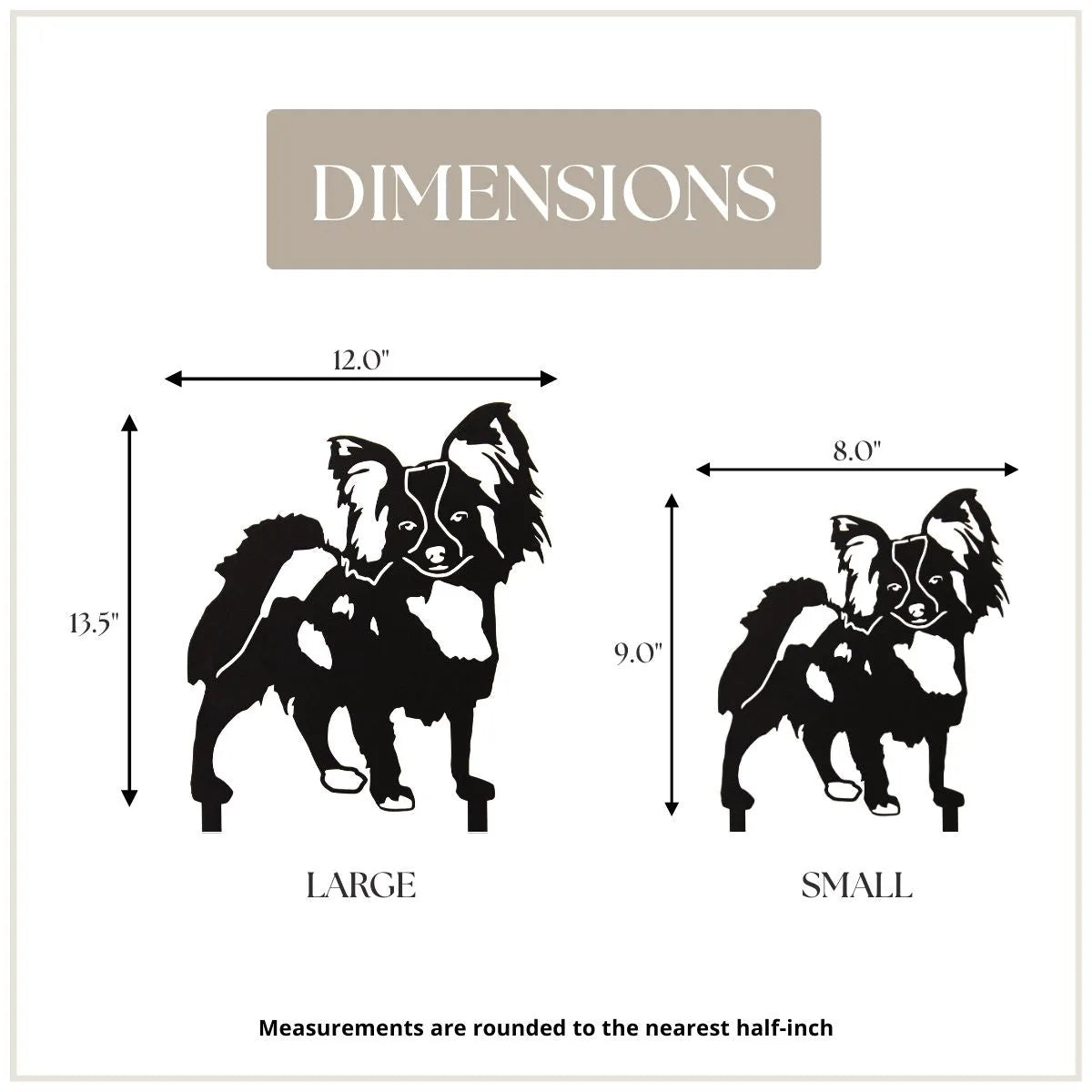 Dimensions of a black Papillon metal silhouette sculpture showing two sizes: large (13.5") and small (9").
