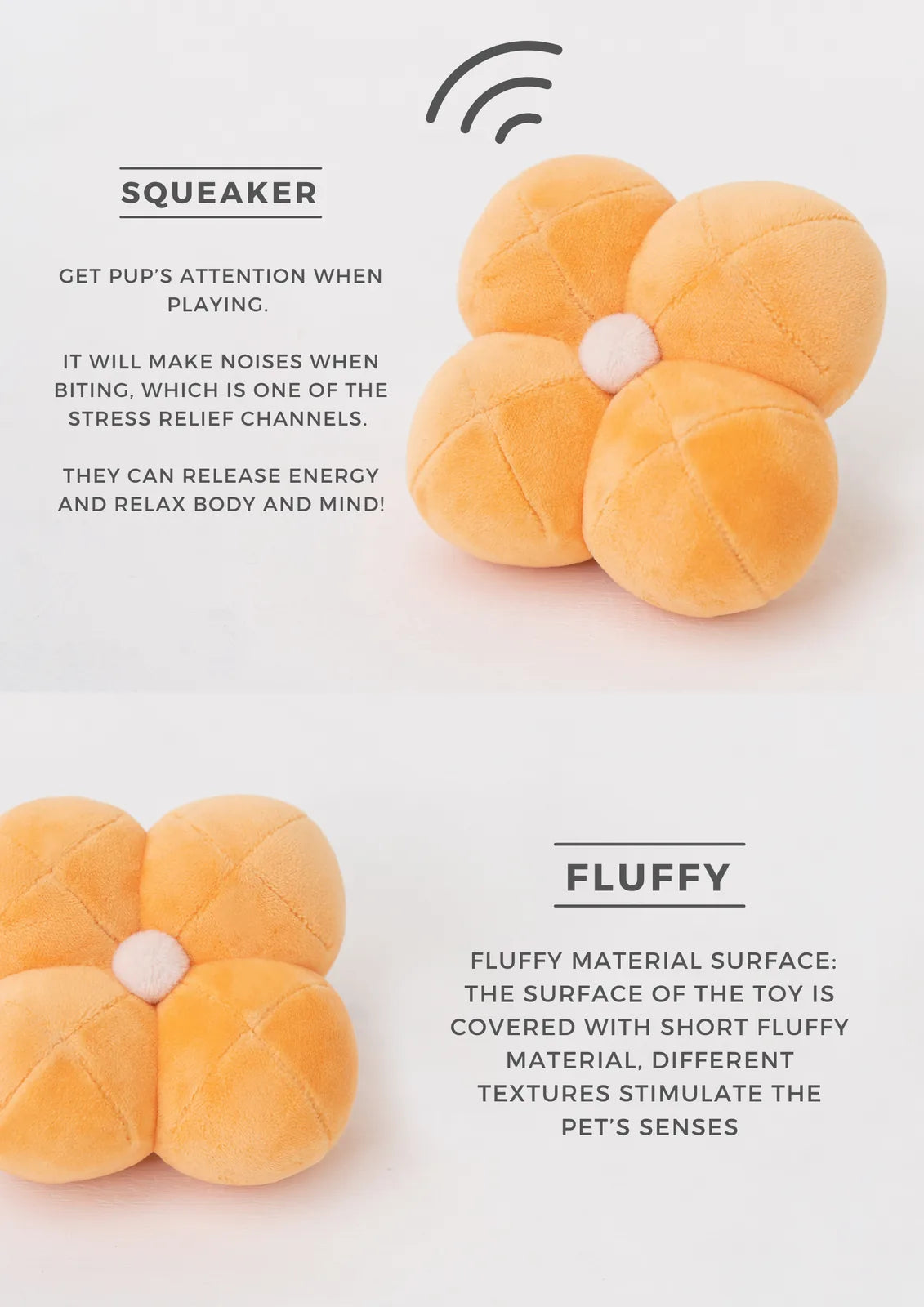 Plush orange dog toy shaped like a flower with a squeaker and fluffy texture for added playtime fun.