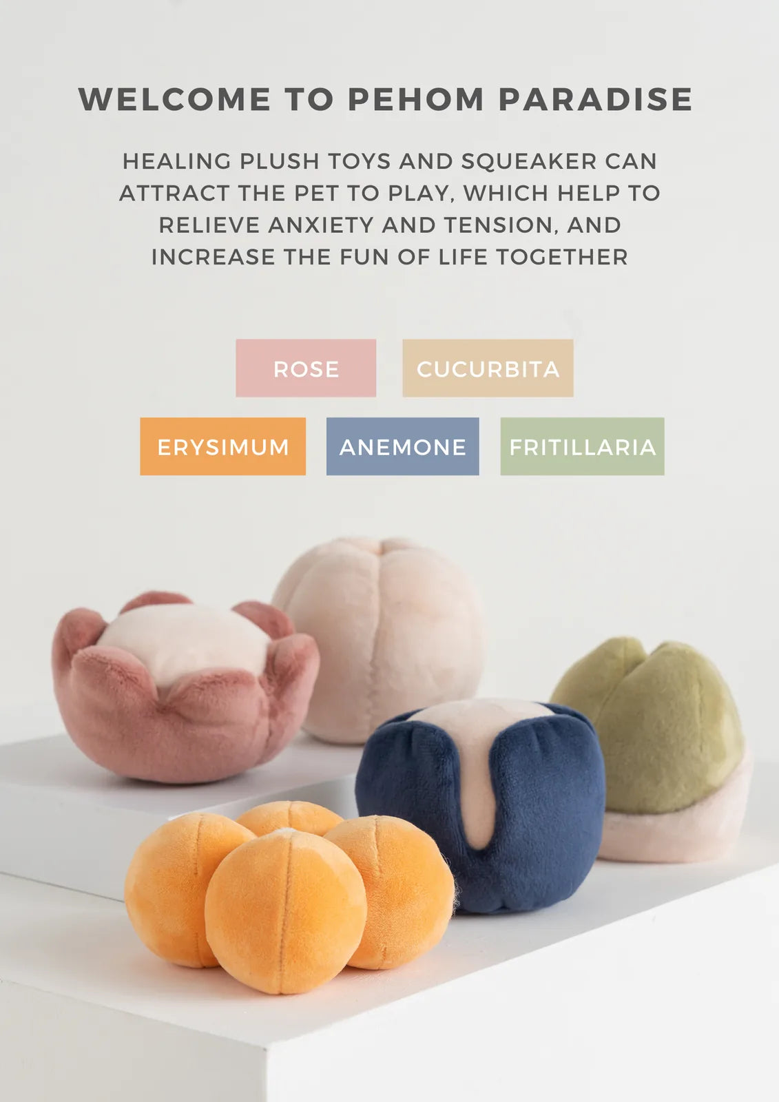 Plush Erysimum dog toys in pastel colors, featuring a soft texture and playful designs for engaging pet playtime.