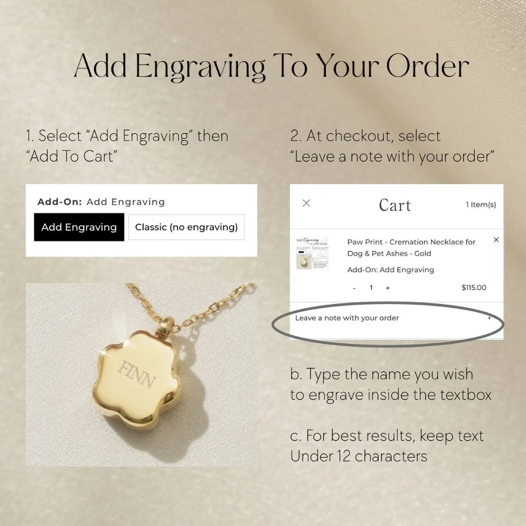 Gold paw print cremation necklace with engraving option, displayed on a soft background, showcasing its elegant design.