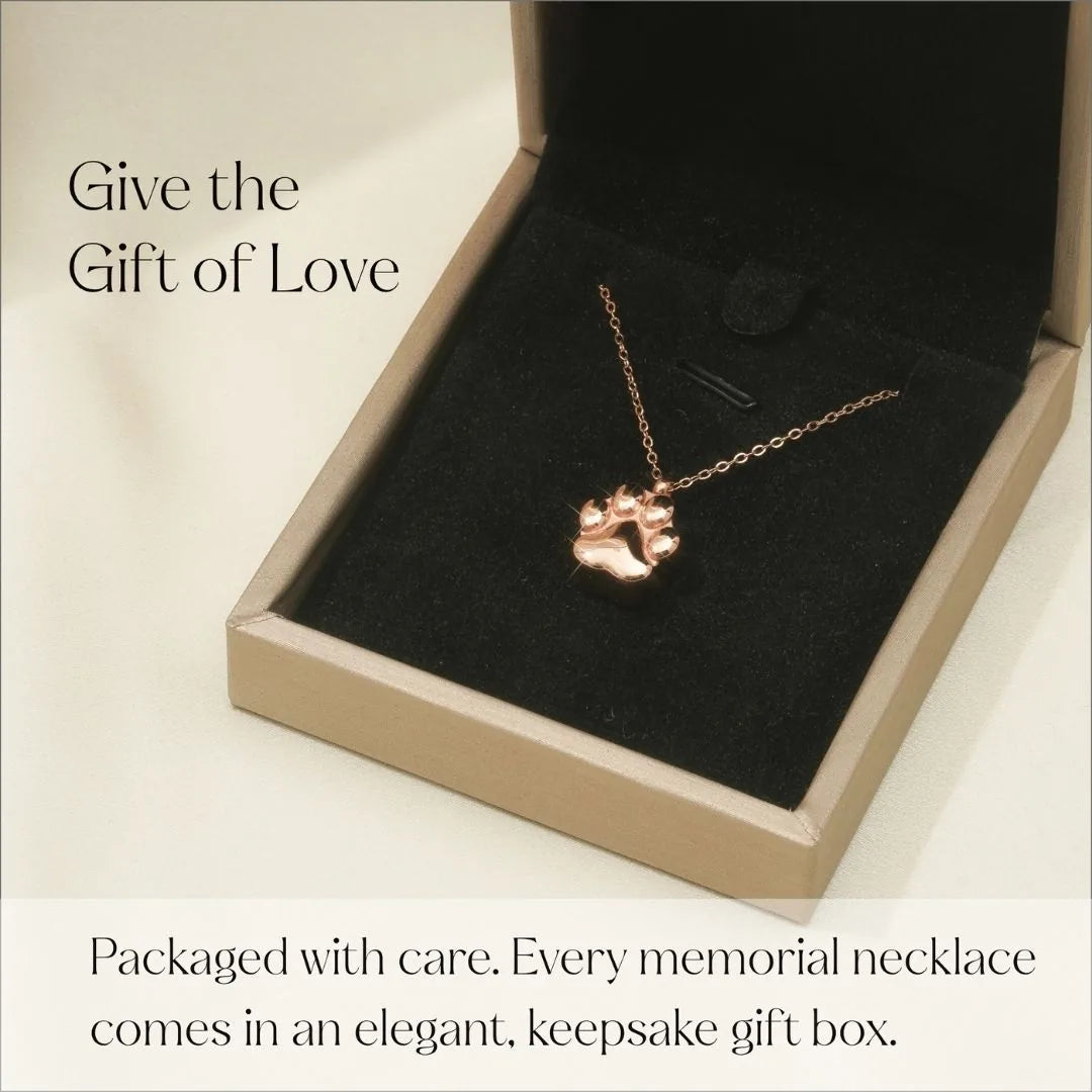 Rose gold paw print cremation necklace displayed in an elegant keepsake gift box with black velvet lining.