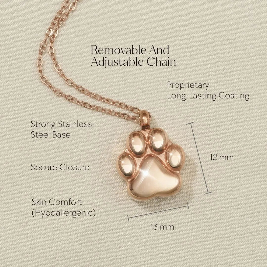 Delicate rose gold paw print cremation necklace with adjustable chain, showcasing a strong stainless steel base.