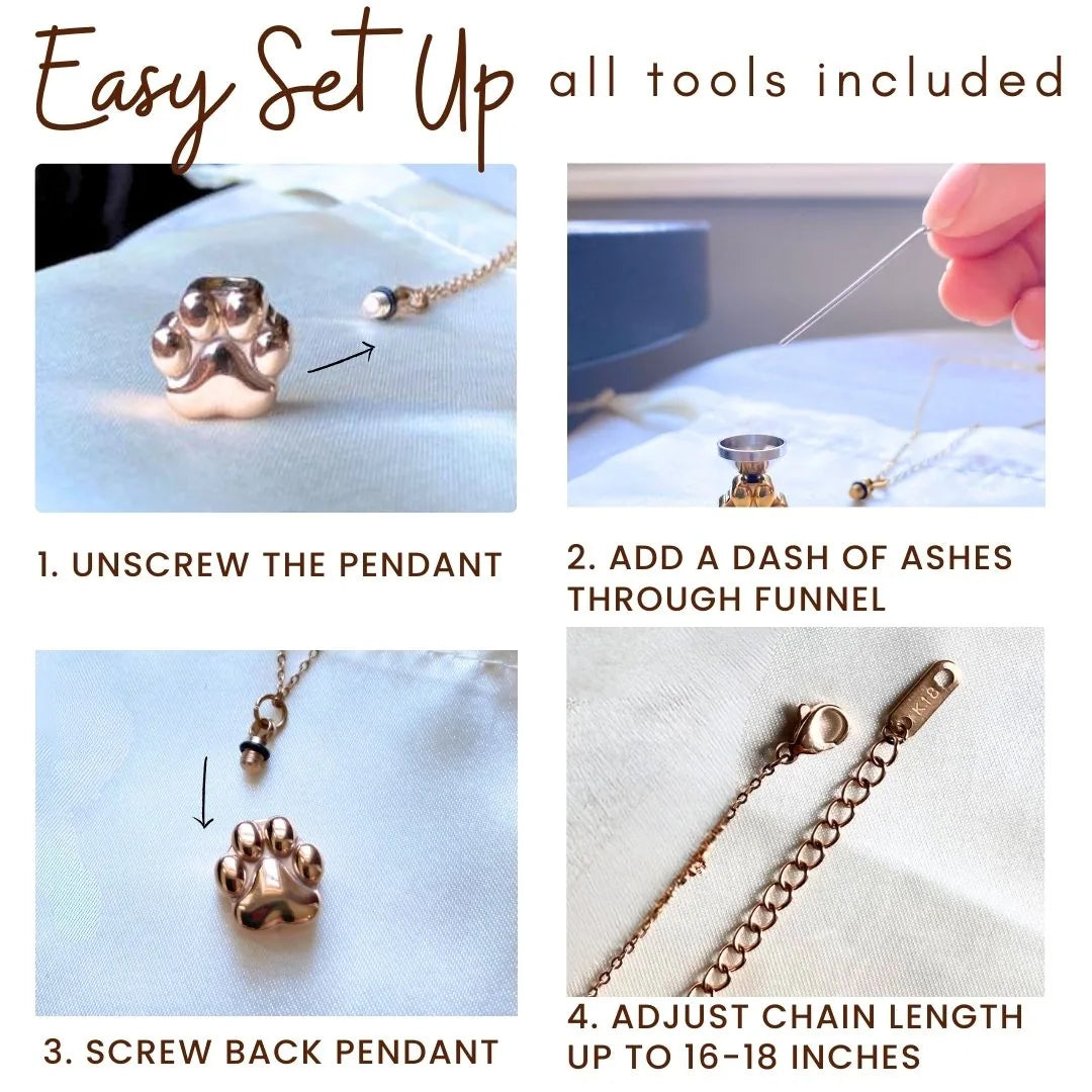 Rose gold paw print cremation necklace with adjustable chain, designed for holding pet ashes and heartfelt memorials.