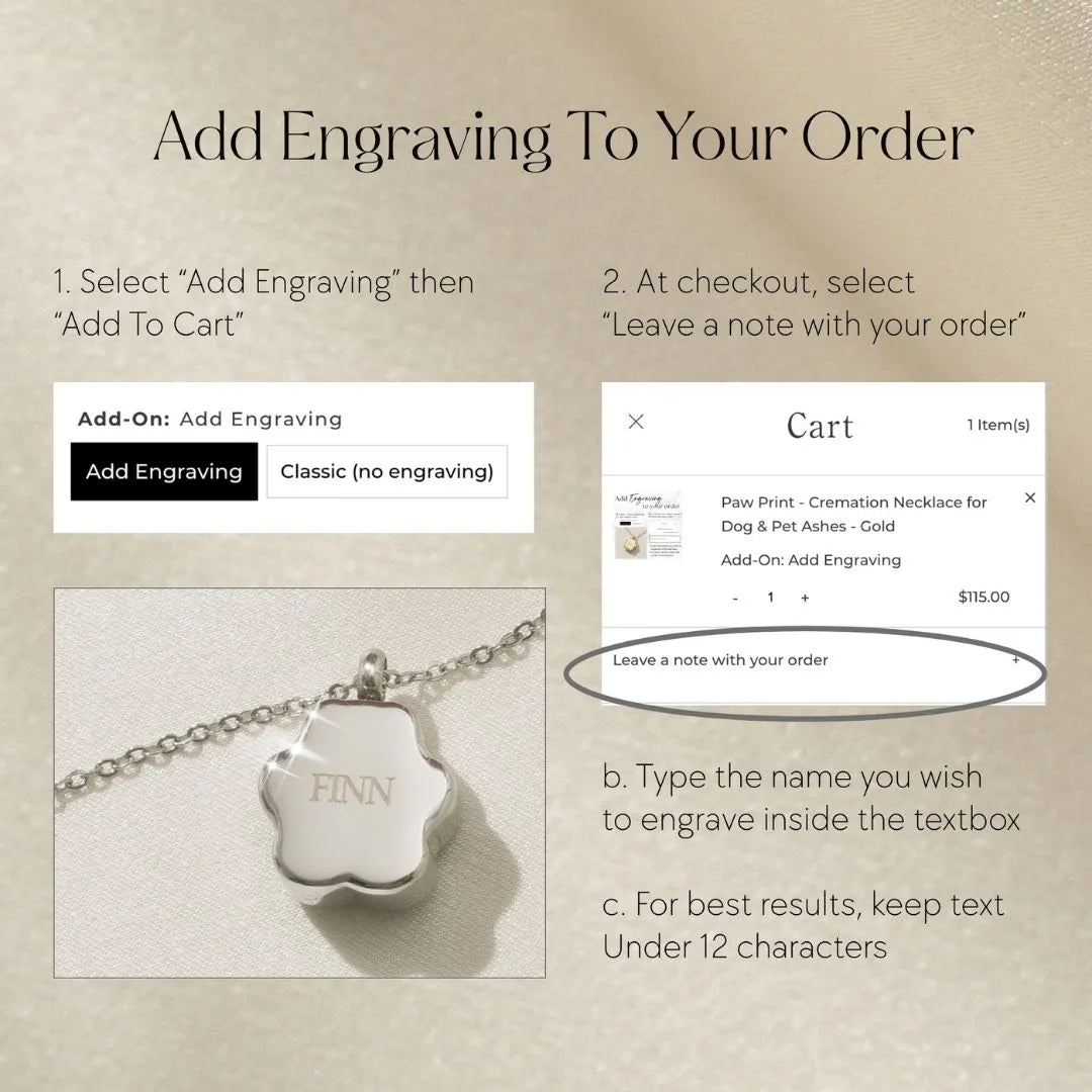 Engraved rose gold paw print cremation necklace for pet ashes with a delicate chain and customizable name option.