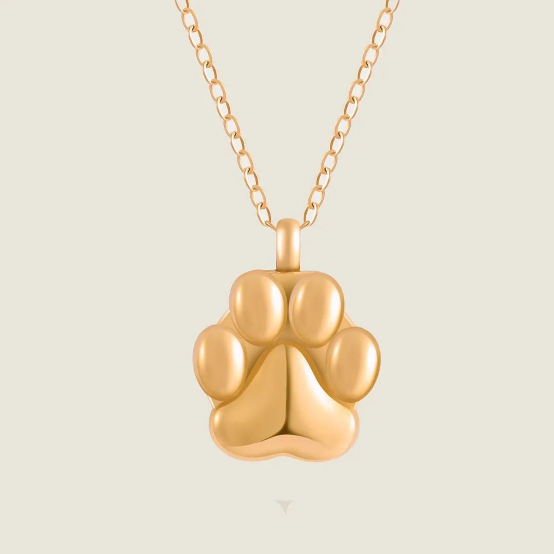 Gold paw print cremation necklace on a delicate chain, designed for holding pet ashes or mementos.