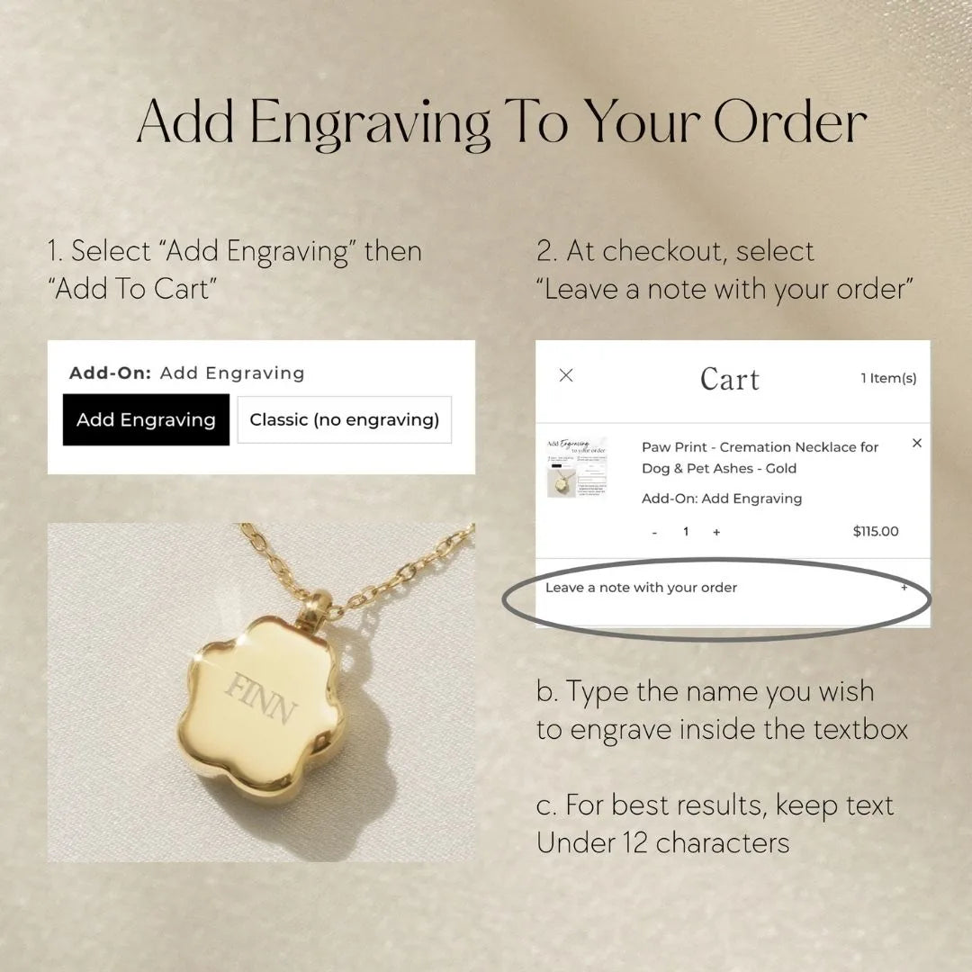 Gold paw print cremation necklace with engraving option, designed for preserving pet ashes or hair in a stylish keepsake.