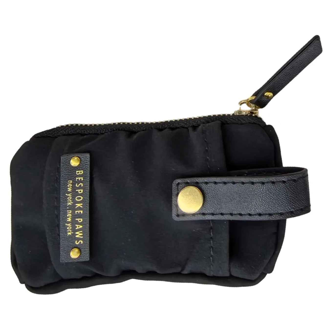 Black Pawsh Pouch waste bag dispenser with gold zipper and button, featuring a sleek, dangle-free design.