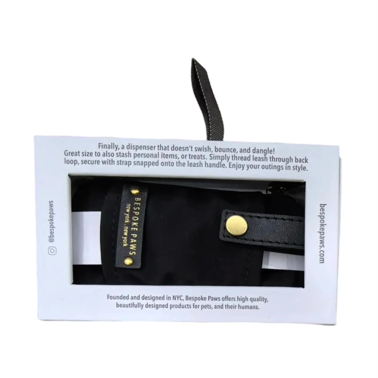 Sleek black Pawsh Pouch waste bag dispenser featuring a gold snap closure and designed for stylish daily dog walks.