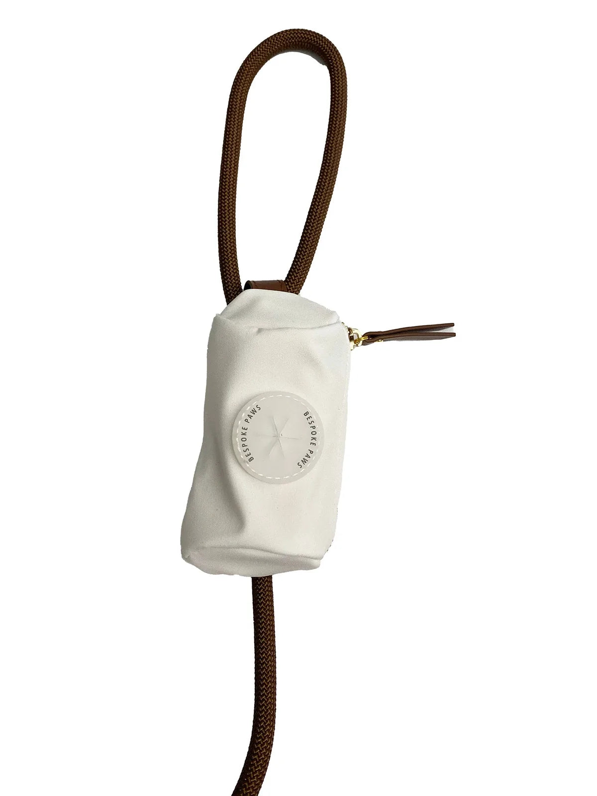 Sleek ivory waste pouch with a brown braided handle, featuring vegan leather accents and a discreet logo.