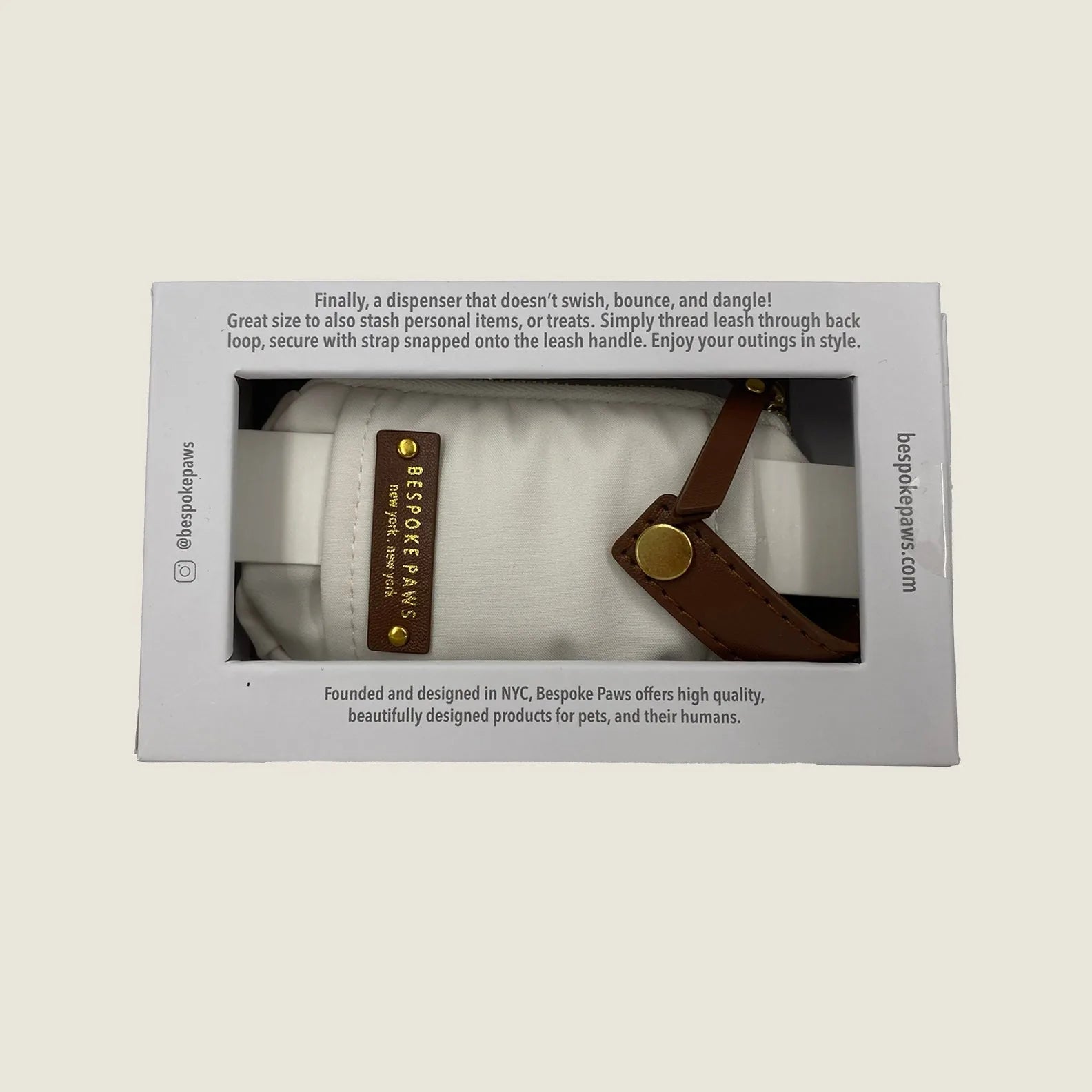 Pawsh Pouch in ivory with vegan leather accents, elegantly displayed in stylish packaging.