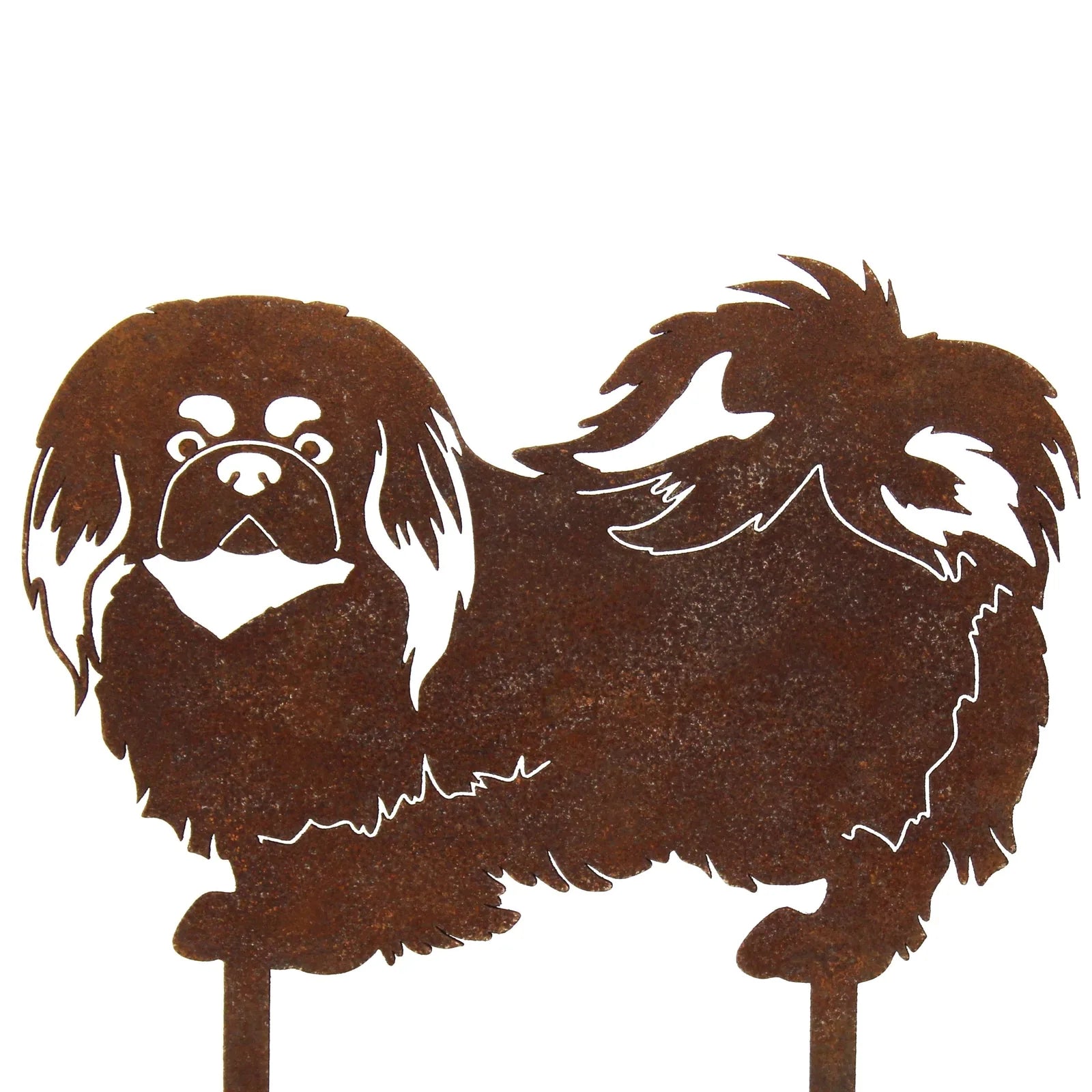 Pekingese metal silhouette in rusty Corten steel, featuring detailed fur and facial design, ideal for outdoor decor.