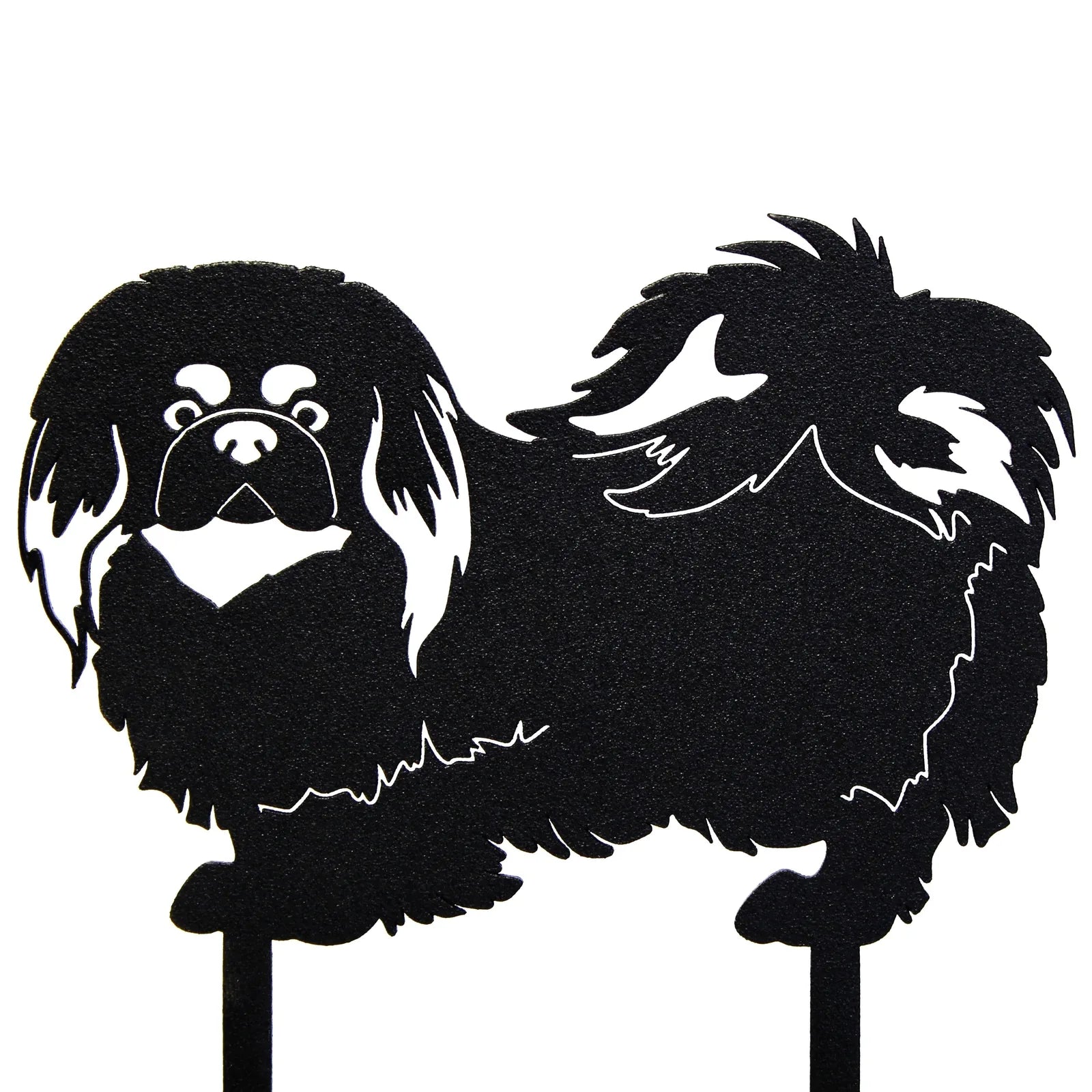 Black metal silhouette of a Pekingese dog, showcasing its distinctive fluffy coat and playful expression.
