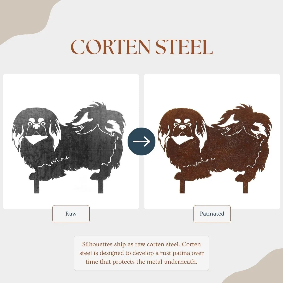 Pekingese silhouette in raw and patinated corten steel, showcasing the changing rust patina and design details.